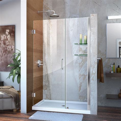 It comes with a shower door sweep 38 inch glass for a secure walk in shower experience. . Frameless hinged shower door